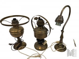 Grand ensemble de lampes à huile électrifiées, deux lampes, brûleur, abat-jour de lampe à huile