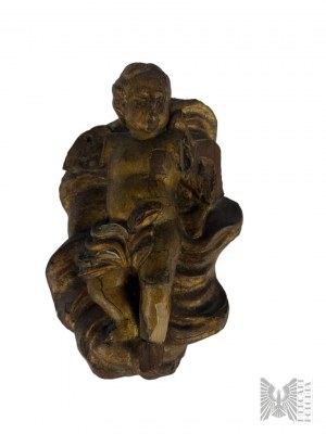 Vintage Wooden Putto Wall Figure - Wood Covered with Plaster and Gold Paint.