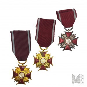 PRL/IIIRP Set of Miscellaneous Orders and Decorations: Two Gold Crosses of Merit of the People's Republic of Poland, Silver Cross of Merit of the People's Republic of Poland, Legitimation for the Gold Badge of Honor for Service to Warsaw, Legitimation for