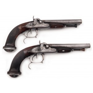 Pair of very early double barrel percussion pistols, Baucheron-Pirmet, Paris