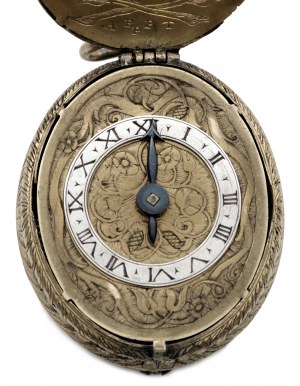Kapesní (nákrční) hodinky ve tvaru vejce s hodinovým bitím, kompasem a slunečními hodinymi, Matheus Greillach, Augsburg