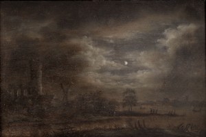 Landscape with river in moonlight in Aernout van der Neer's paintings (circle)