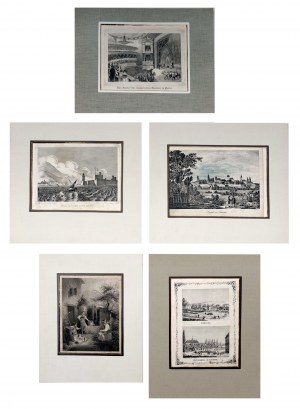 10 arkuszy graficznych z XIX wieku, głównie widoki miast