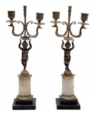Pair of double-arm figurative candlesticks in Empire style