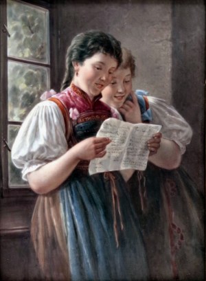 Girls with a letter, painting on porcelain, Berlin