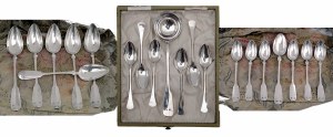 Set of soup and tea spoons with a set of coffee spoons and a small ladle