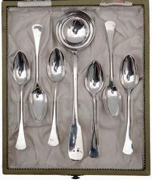 Set of soup and tea spoons with a set of coffee spoons and a small ladle