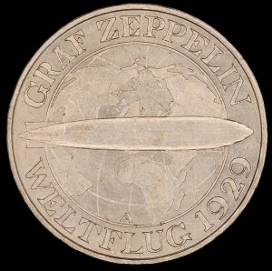 Německo. Výmarská republika 3 říšské marky 1929 A Berlin Zeppelin Silver