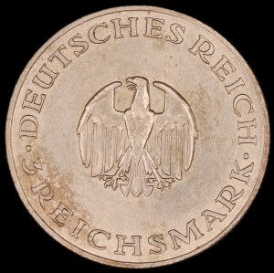 Nemecko. Weimarská republika 3 ríšske marky 1929 J Hamburg Lessing Striebro
