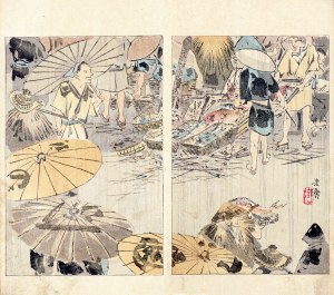 Watanabe Seitei (1851-1918), Deszczowy dzień na targu rybnym, Tokio, 1891