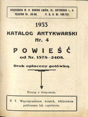 Knihkupectví M. H. Rubin Lvov. 1933. Antikvariátní katalog č. 4. Romány z č. 1579-2408.