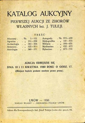 Auktionskatalog der ersten Auktion aus der eigenen Sammlung von Ing. Tuleja. Lemberg 1930