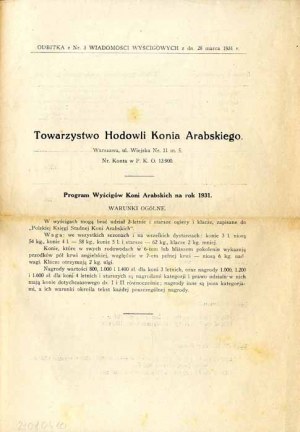 Program Wyścigów Koni Arabskich na rok 1931
