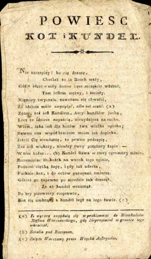 Román o kočce a čundrákovi, jediné vydání politické básně z roku 1809
