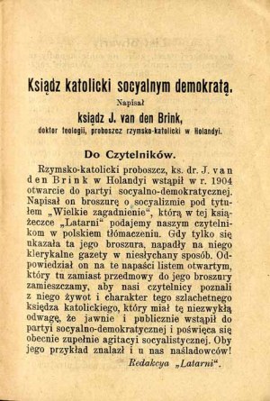 Johann van den Brink: Catholic priest a social democrat; Wladyslaw Daszynski: Pogadanka o religii, 1905