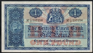 Schottland. Britische Leinenbank 1 Pfund 1946