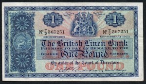 Schottland. Britische Leinenbank 1 Pfund 1952