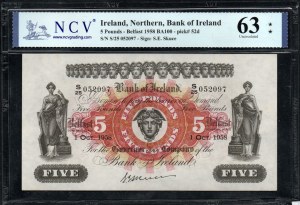 Irlandia. Northern Bank of Ireland 5 Pounds Belfast 1958