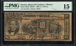 Mexique. Banco de Londres y Mexico 10 Pesos 1909