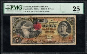 Mexiko. Banco Nacional 5 pesos 1908