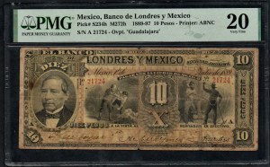 Mexico. Banco de Londres y Mexico 10 Pesos 1889 Guadalajara