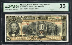 Mexiko. Banco de Londres y Mexico 10 pesos 1913