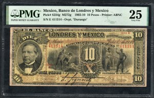 Mexiko. Banco de Londres y Mexico 10 pesos 1910 Durango