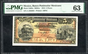 Mexico. Banco Peninsular 5 Pesos 1914