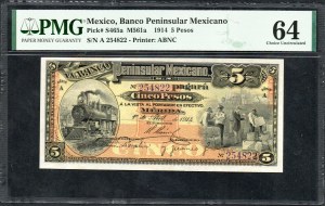 Mexico. Banco Peninsular 5 Pesos 1914
