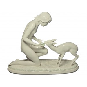Naked young woman with deer, Hutschenreuter, 20th century