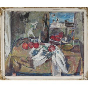 Teresa WALLIS-JONIAK (ur. 1926), Martwa natura z pejzażem (lata 90.)