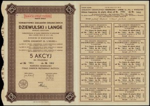 Pologne, 5 actions à 250 zlotys chacune = 1 250 zlotys, 1937, Varsovie