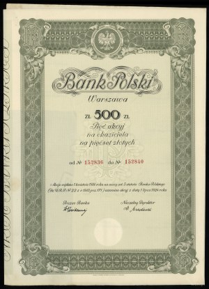 Poľsko, 5 akcií po 100 zlotých = 500 zlotých, 1.4.1934, Varšava