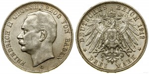 Německo, 3 marky, 1912 G, Karlsruhe