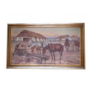 Jan Erazm Kotowski (1885 - 1960), fattoria con cavalli