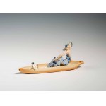 Stephan Dakon: Elegante Dame in einem Boot mit Hut und Foxterrier