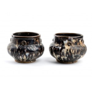 A PAIR OF SMALL GLAZED CERAMIC JARS WITH CERAMIC WEIQI COUNTERS