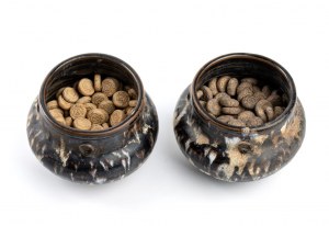 A PAIR OF SMALL GLAZED CERAMIC JARS WITH CERAMIC WEIQI COUNTERS