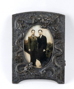 A PHOTO OF MEI LANFANG WITH SILVER METAL FRAME, WITH STAMPS DEDICATED TO THE ACTOR AND A LETTER FROM AN ITALIAN MISSIONARY IN CHINA