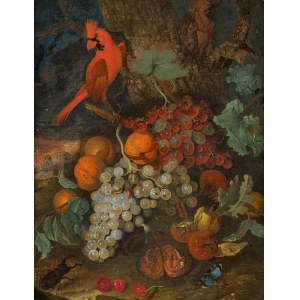 Philipp Ferdinand de Hamilton: Still life with fruit, insects and red cardinal