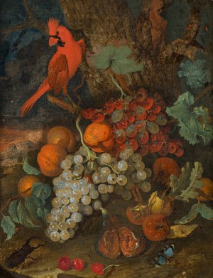 Philipp Ferdinand de Hamilton: Still life with fruit, insects and red cardinal