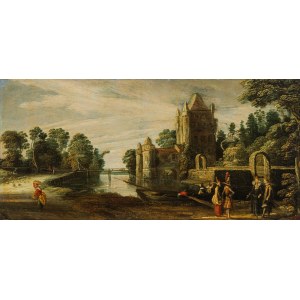 Circle of Esaias van der Velde : Riverscape with water castle and staffage