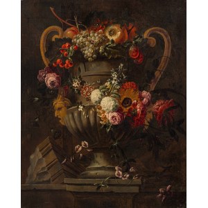 Attributed to Jacob M. van Herck : Still life with flowers and fruit in a vase