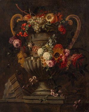 Attribué à Jacob M. van Herck : Nature morte avec fleurs et fruits dans un vase
