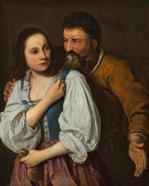 Artist of the 17th century: Young woman with purse showing a fig sign to a man