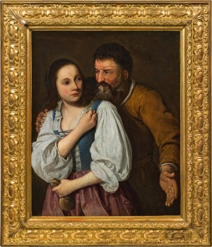 Artist of the 17th century: Young woman with purse showing a fig sign to a man