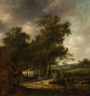 Follower of Jacob van Ruisdael : Landscape with dog and bridge