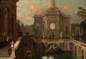 Cercle de Jakob Ferdinand Saeys : architecture baroque du palais avec un élégant staffage et des cygnes