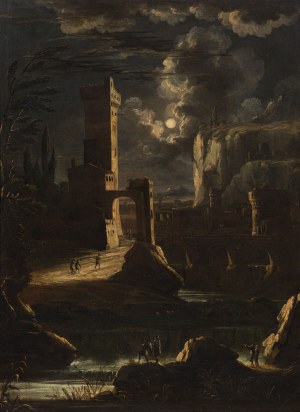 Austrian Master: River landscape with castles in the moonlight