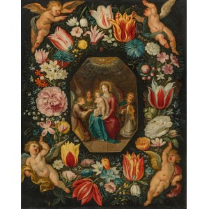 Frans Francken III.: Floral wreath with Madonna, child and angels, framed by four putti